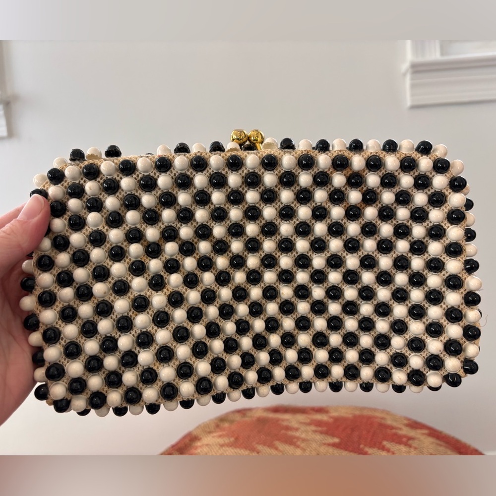 Beaded Vintage Black and White Clutch